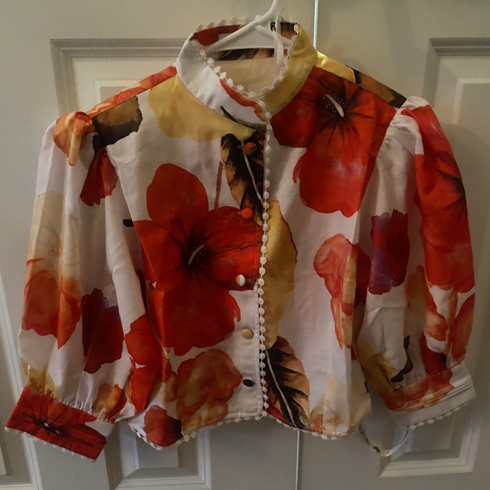 Vita Grace Neve Floral Linen Blend Summer Blouse | Red Floral
